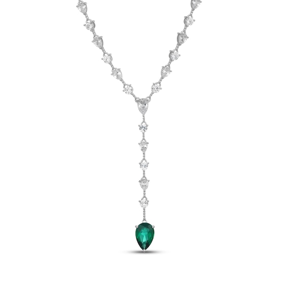 Pear-Shaped Lab-Created Emerald & White Lab-Created Sapphire Y-Drop Necklace Sterling Silver 18"