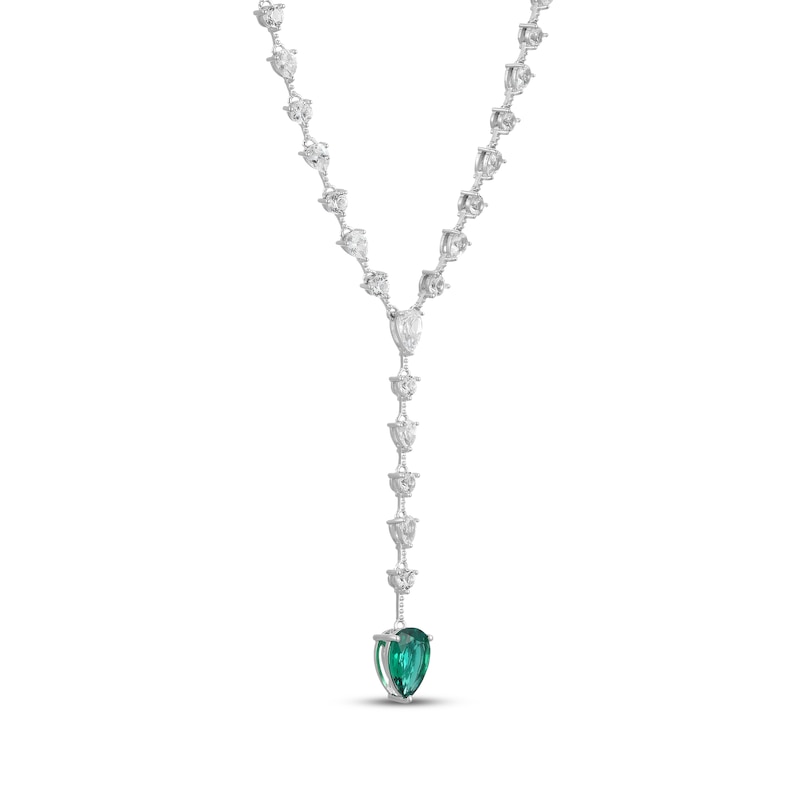 Main Image 2 of Pear-Shaped Lab-Created Emerald & White Lab-Created Sapphire Y-Drop Necklace Sterling Silver 18"