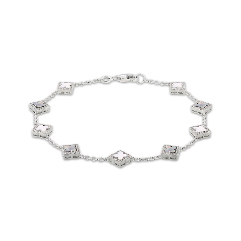 Main Image 1 of STUDIO BY KAY Clover-Shaped Mother-of-Pearl & White Lab-Created Sapphire Bracelet Sterling Silver 7.25"