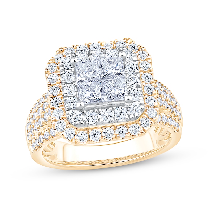Main Image 1 of Now + Forever Princess-Cut Quad Diamond Double Halo Engagement Ring 2 ct tw 14K Yellow Gold