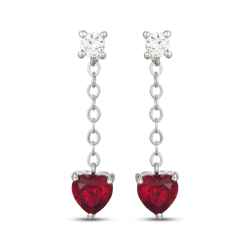 Main Image 2 of Heart-Shaped Lab-Created Ruby & White Lab-Created Sapphire Drop Earrings Sterling Silver