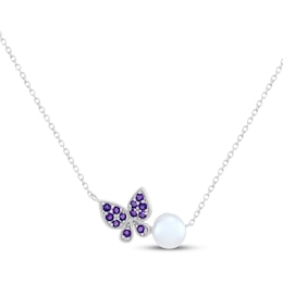 Cultured Pearl & Amethyst Butterfly Necklace Sterling Silver 18"