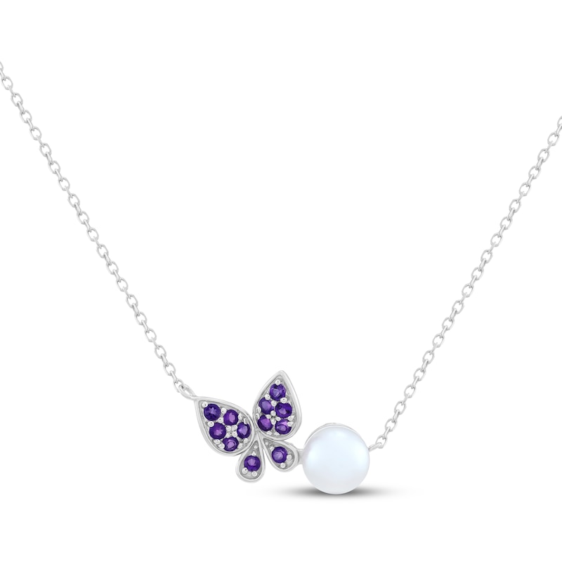 Main Image 1 of Cultured Pearl & Amethyst Butterfly Necklace Sterling Silver 18"