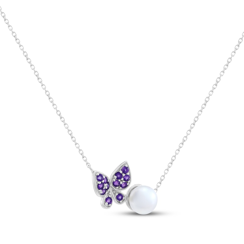 Main Image 2 of Cultured Pearl & Amethyst Butterfly Necklace Sterling Silver 18"
