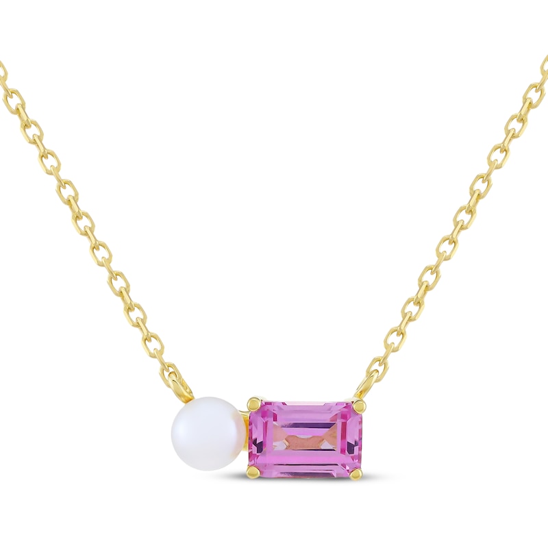 Main Image 1 of STUDIO BY KAY Button Cultured Pearl & Emerald-Cut Pink Lab-Created Sapphire Necklace 24K Yellow Gold Vermeil Sterling Silver 18"