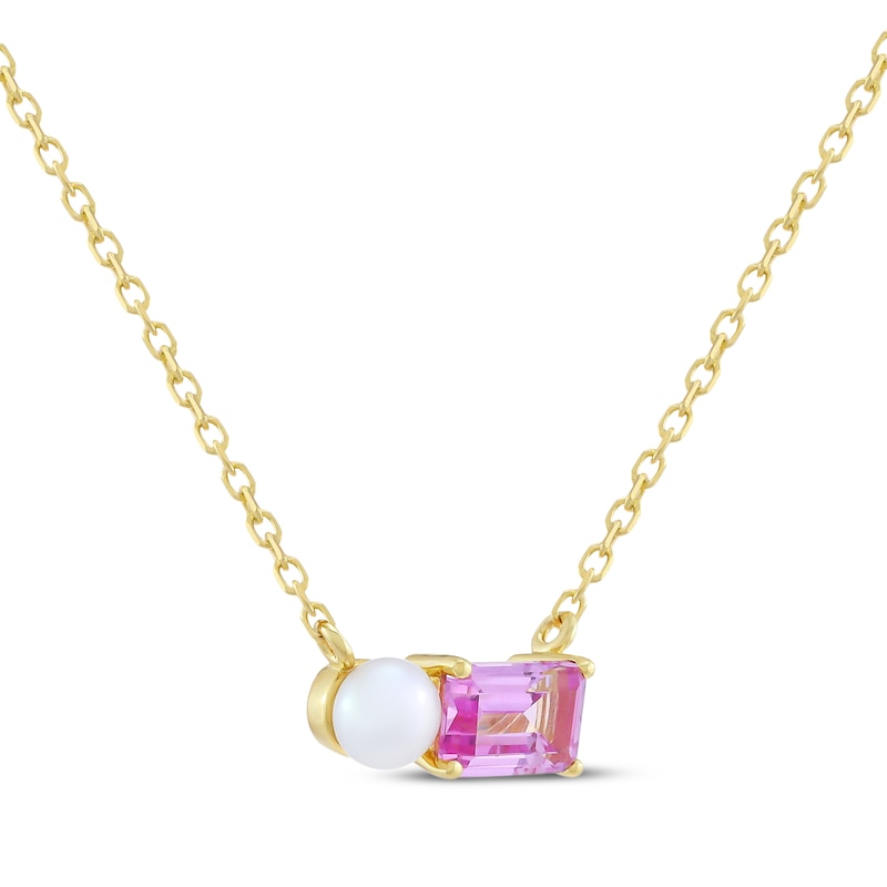 Main Image 2 of STUDIO BY KAY Button Cultured Pearl & Emerald-Cut Pink Lab-Created Sapphire Necklace 24K Yellow Gold Vermeil Sterling Silver 18"