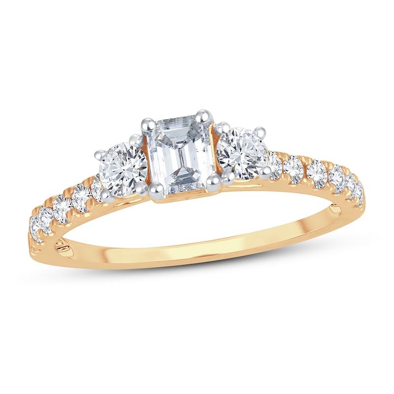 Main Image 1 of Memories Moments Magic 3-Stone Diamond Engagement Ring 1 ct tw Emerald & Round 14K Yellow Gold