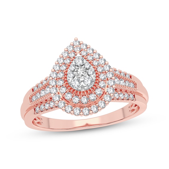 Now + Forever Multi-Diamond Center Pear Double Halo Engagement Ring 1/3 ct tw Round-cut 10K Rose Gold