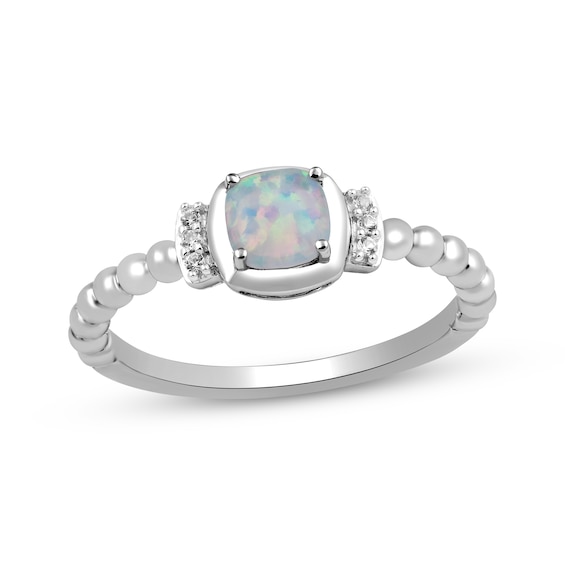 Cushion-Cut Lab-Created Opal & Round-Cut White Lab-Created Sapphire Beaded Ring Sterling Silver