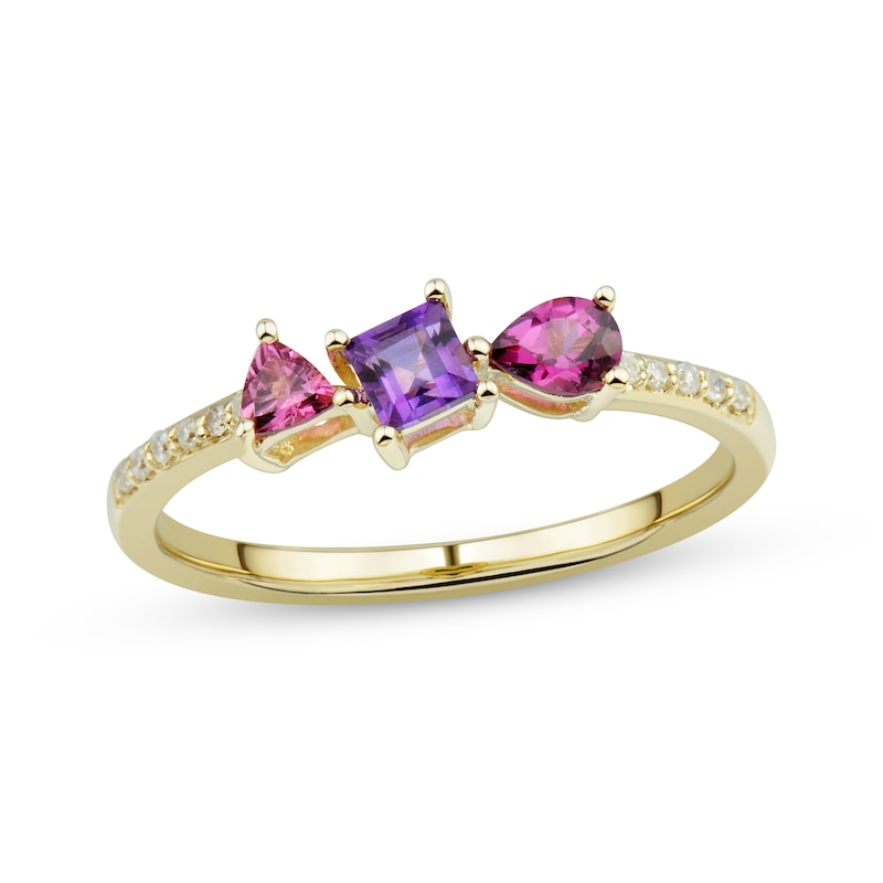 Main Image 1 of Multi-Shape Rhodolite Garnet, Amethyst, Pink Tourmaline & Diamond Ring 1/20 ct tw 10K Yellow Gold