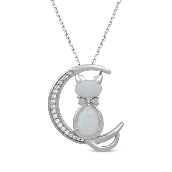 Pear-Shaped & Oval-Cut Lab-Created Opal & White Lab-Created Sapphire Cat Necklace Sterling Silver 18"