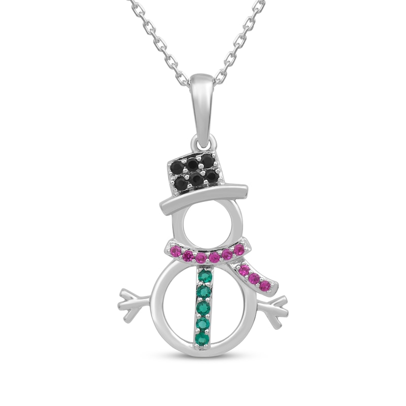 Main Image 1 of Black Onyx, Lab-Created Emerald & Lab-Created Ruby Snowman Necklace Sterling Silver 18"