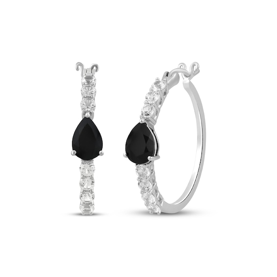 Pear-Shaped Black Onyx & White Lab-Created Sapphire Hoop Earrings Sterling Silver