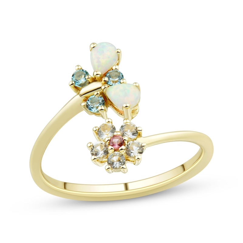 Main Image 1 of Multi-Shape Tourmaline, Topaz & Lab-Created Opal Butterfly Deconstructed Ring 10K Yellow Gold