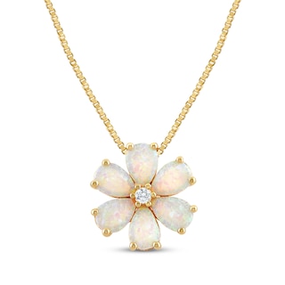 Pear-Shaped Lab-Created Opal & White Lab-Created Sapphire Flower Necklace 10K Yellow Gold 18"
