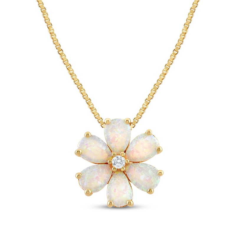 Main Image 1 of Pear-Shaped Lab-Created Opal & White Lab-Created Sapphire Flower Necklace 10K Yellow Gold 18"