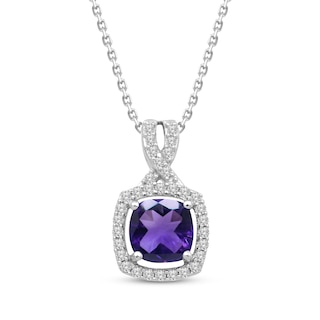 Cushion-Cut Amethyst & White Lab-Created Sapphire Halo Necklace Sterling Silver 18"