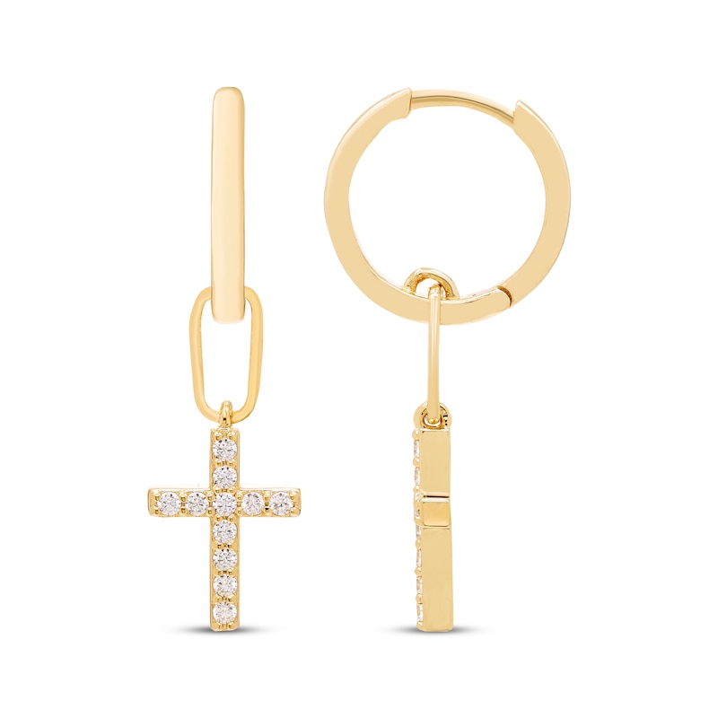 Main Image 3 of KAY Lab-Grown Diamonds Cross Dangle Hoop Earrings 1/5 ct tw 18K Yellow Gold-Plated Sterling Silver
