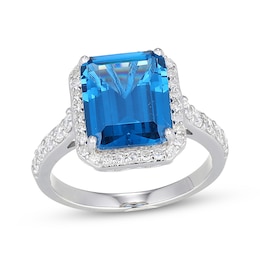 Emerald-Cut Swiss Blue Topaz & White Lab-Created Sapphire Ring Sterling Silver