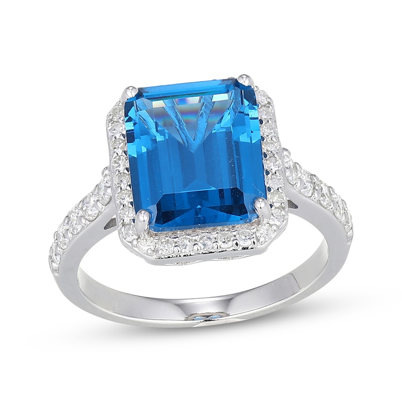 Main Image 1 of Emerald-Cut Swiss Blue Topaz & White Lab-Created Sapphire Ring Sterling Silver