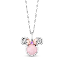 Disney Treasures Minnie Mouse Pink Opal, Pink Lab-Created Sapphire & Diamond Necklace 1/20 ct tw Sterling Silver & 10K Rose Gold 17"