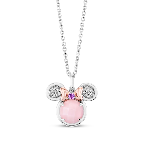 Disney Treasures Minnie Mouse Pink Opal, Pink Lab-Created Sapphire & Diamond Necklace 1/20 ct tw Sterling Silver & 10K Rose Gold 17"