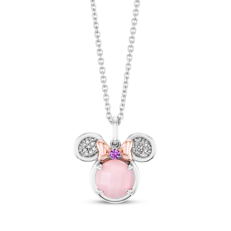 Main Image 1 of Disney Treasures Minnie Mouse Pink Opal, Pink Lab-Created Sapphire & Diamond Necklace 1/20 ct tw Sterling Silver & 10K Rose Gold 17"