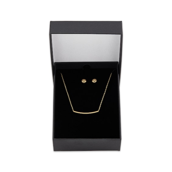 Bar Necklace & Button Stud Earrings Gift Set Hollow 10K Yellow Gold