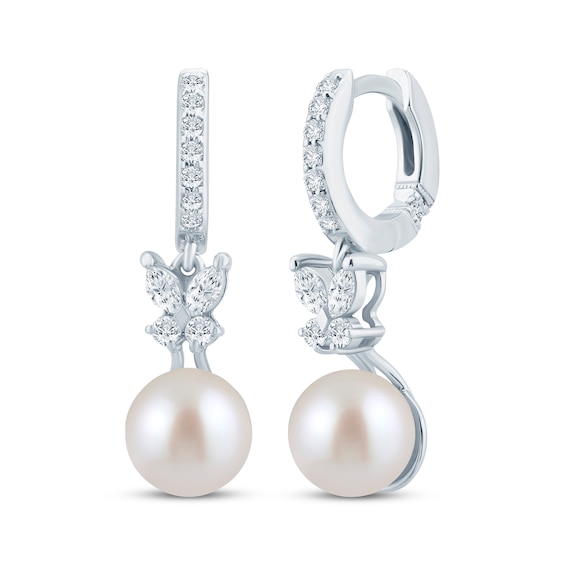 Monique Lhuillier Bliss Lab-Grown Diamond & Cultured Pearl Hoop Drop Earrings 1/3 ct tw Platinum-Plated Sterling Silver