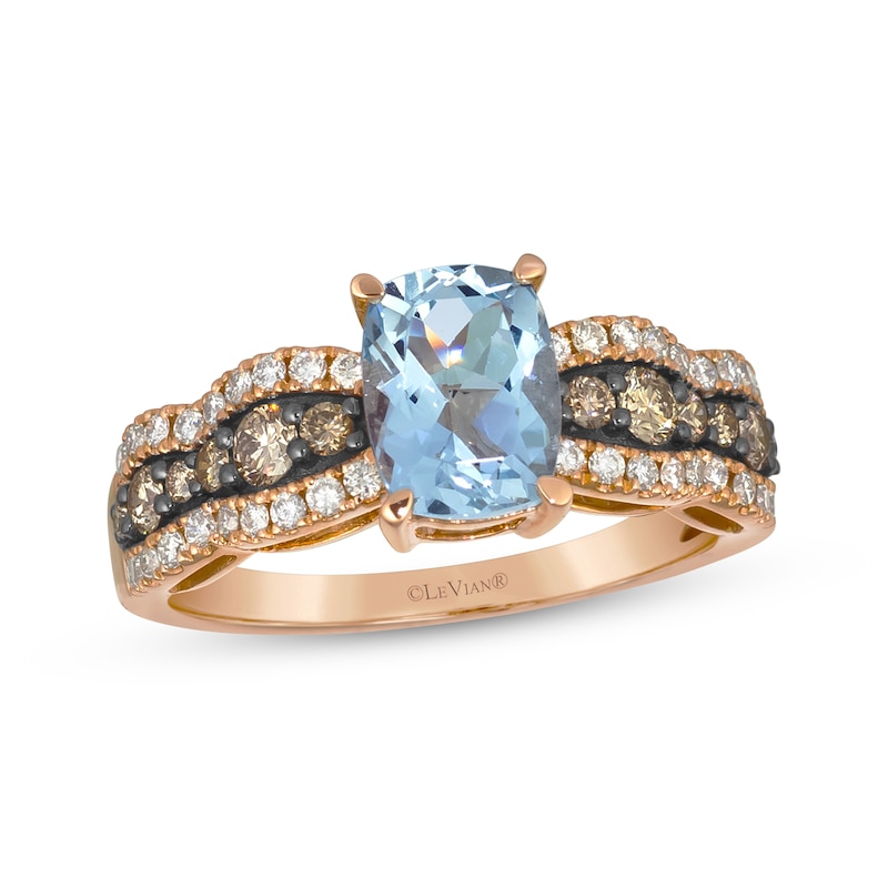 Main Image 1 of Le Vian Chocolate Waterfall Cushion-Cut Aquamarine Ring 5/8 ct tw Diamonds 14K Strawberry Gold
