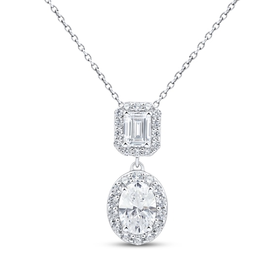 KAY Lab-Grown Diamonds Emerald & Oval-Cut Two-Stone Halo Necklace 1 ct tw 10K White Gold 18"