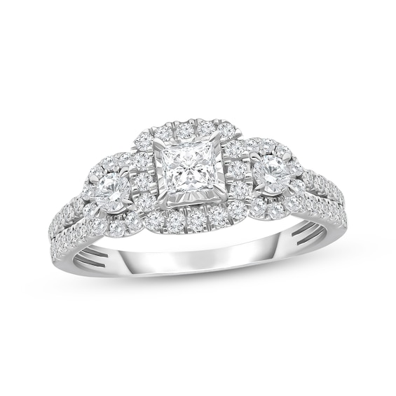 Memories Moments Magic Three-Stone Princess & Round-Cut Diamond Engagement Ring 1 ct tw 14K White Gold