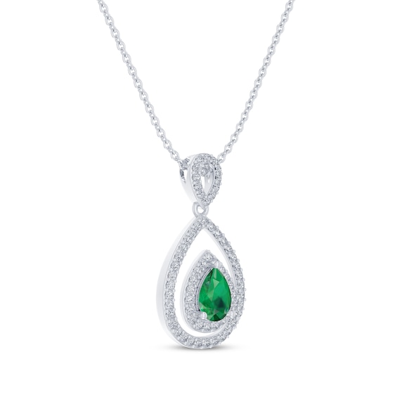 Pear-Shaped Lab-Created Emerald & White Lab-Created Sapphire Teardrop Necklace Sterling Silver 18"