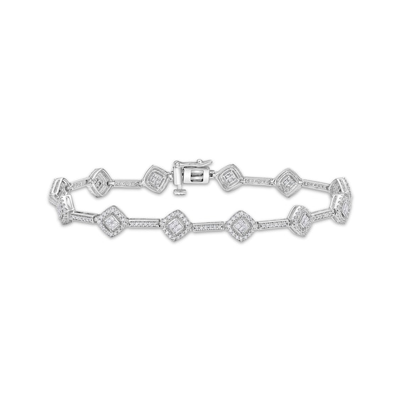 Princess & Round-Cut Diamond Cushion-Link Bracelet 1-1/2 ct tw 10K White Gold 7.25"