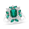 Thumbnail Image 0 of Octagon-Cut Lab-Created Emerald & White Lab-Created Sapphire Leaf Halo Ring Sterling Silver