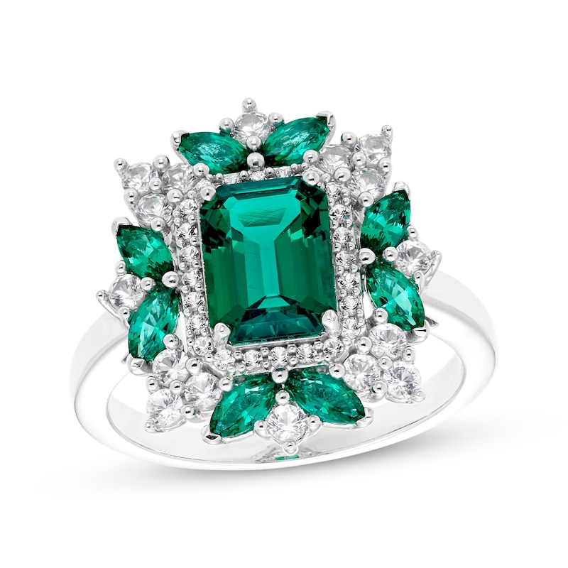 Octagon-Cut Lab-Created Emerald & White Lab-Created Sapphire Leaf Halo Ring Sterling Silver
