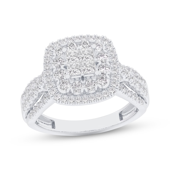 Now + Forever Princess-Cut Quad Diamond Double Cushion Halo Engagement Ring 1 ct tw 14K White Gold