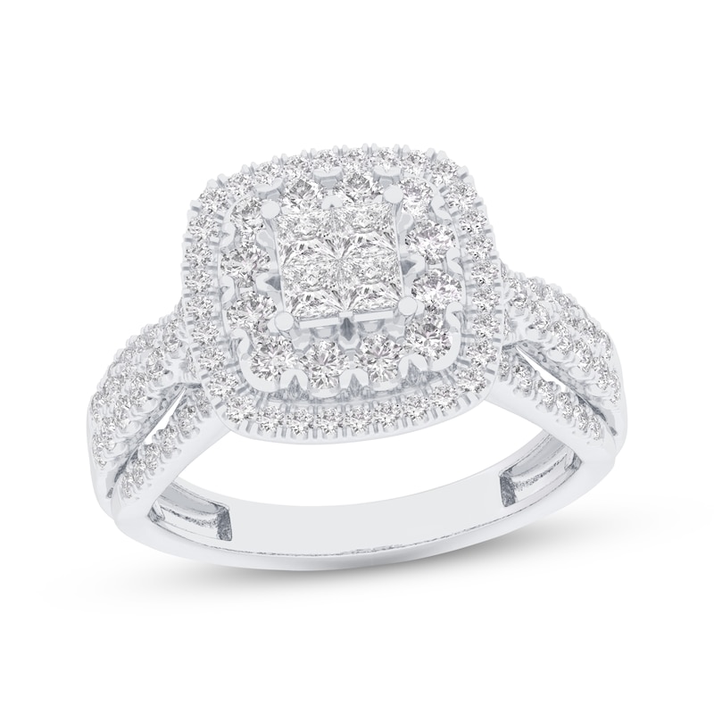 Princess-Cut Quad Diamond Double Cushion Halo Engagement Ring 1 ct tw 14K White Gold