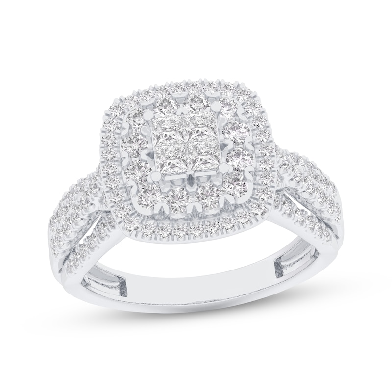 Main Image 1 of Now + Forever Princess-Cut Quad Diamond Double Cushion Halo Engagement Ring 1 ct tw 14K White Gold