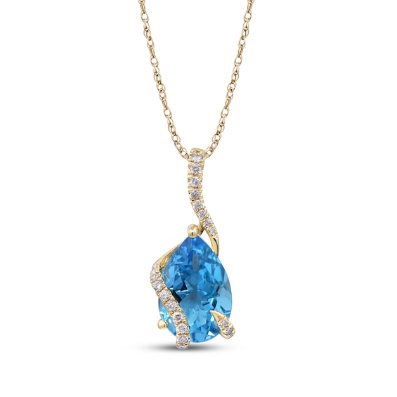 Pear-Shaped Swiss Blue Topaz & Diamond Swirl Crossover Necklace 1/8 ct tw 10K Yellow Gold 18"