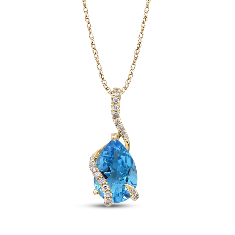 Main Image 1 of Pear-Shaped Swiss Blue Topaz & Diamond Swirl Crossover Necklace 1/8 ct tw 10K Yellow Gold 18&quot;