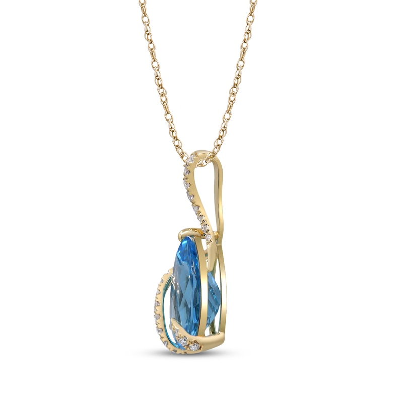 Main Image 2 of Pear-Shaped Swiss Blue Topaz & Diamond Swirl Crossover Necklace 1/8 ct tw 10K Yellow Gold 18&quot;