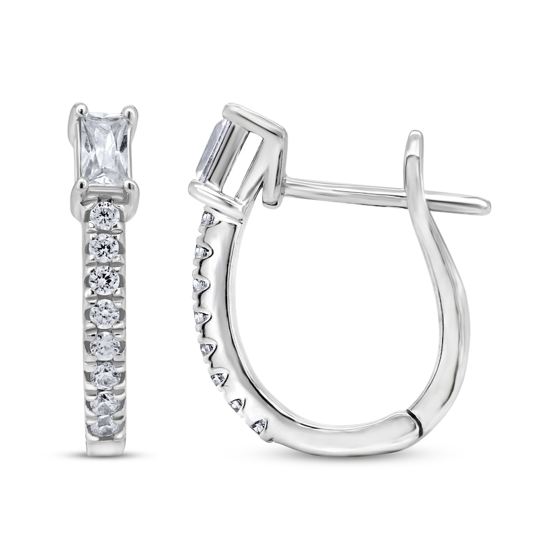 Main Image 3 of Baguette & Round-Cut Diamond Hoop Earrings 3/8 ct tw 10K White Gold