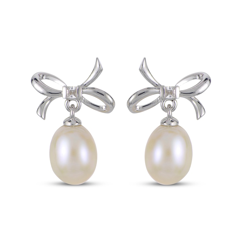 Main Image 2 of Cultured Pearl & White Lab-Created Sapphire Bow Dangle Earrings Sterling Silver