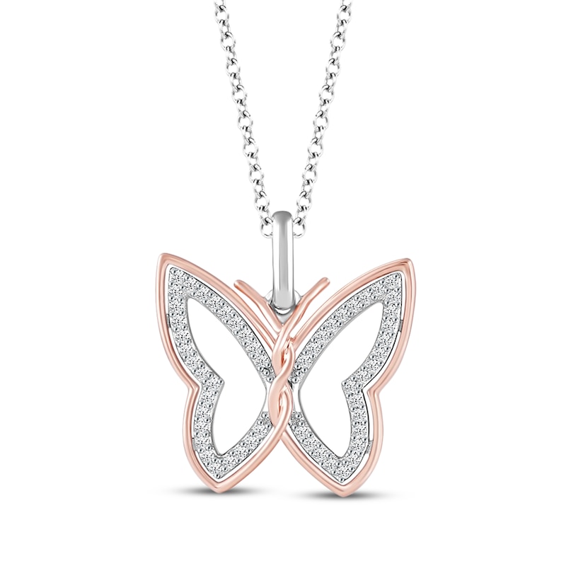 Hallmark Diamonds Butterfly Necklace 1/8 ct tw Sterling Silver & 10K Rose Gold 18"