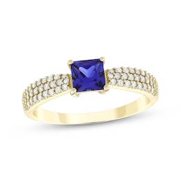 Square-Cut Blue Lab-Created Sapphire & Diamond Ring 1/4 ct tw 10K Yellow Gold