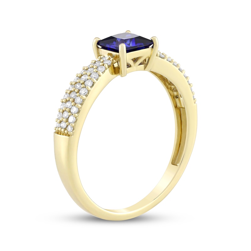 Main Image 2 of Square-Cut Blue Lab-Created Sapphire & Diamond Ring 1/4 ct tw 10K Yellow Gold