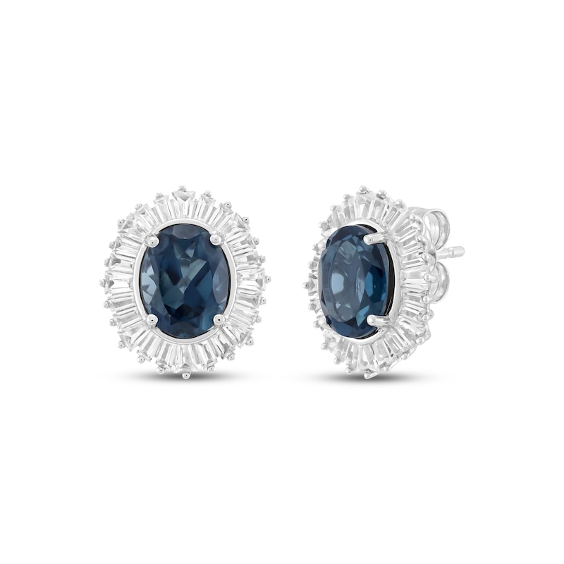 Main Image 1 of Oval-Cut London Blue Topaz & White Lab-Created Sapphire Halo Earrings Sterling Silver