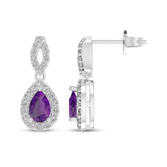 Pear-Shaped Amethyst & White Lab-Created Sapphire Dangle Earrings Sterling Silver