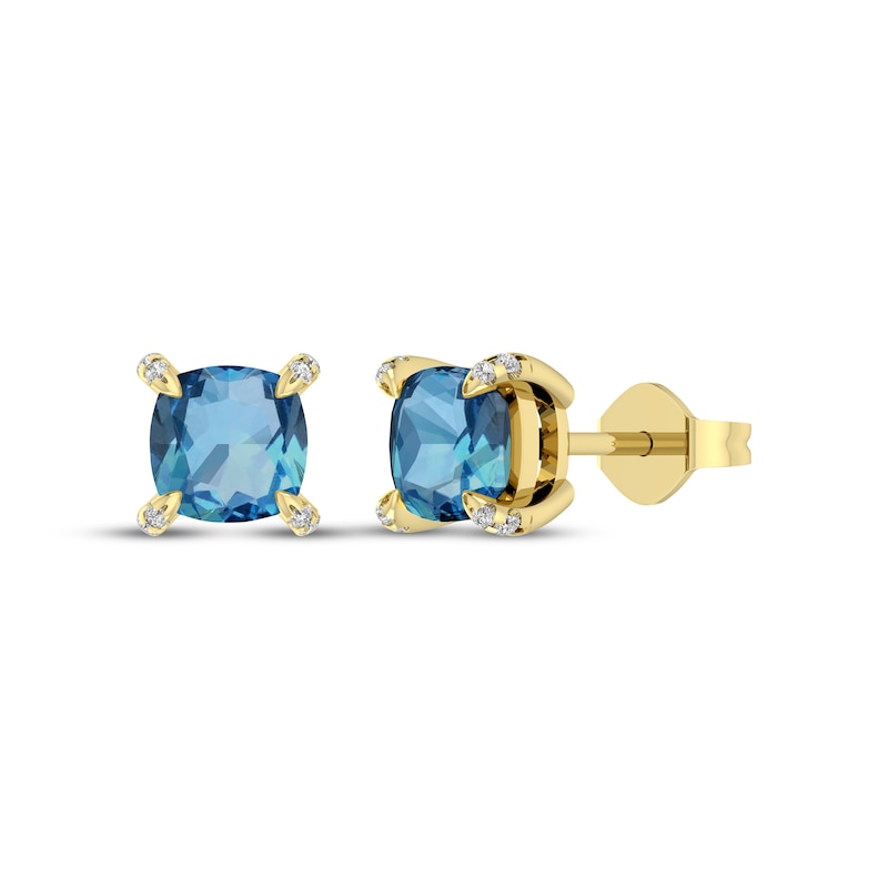 Main Image 1 of Cushion-Cut Swiss Blue Topaz & Diamond Accent Stud Earrings 10K Yellow Gold